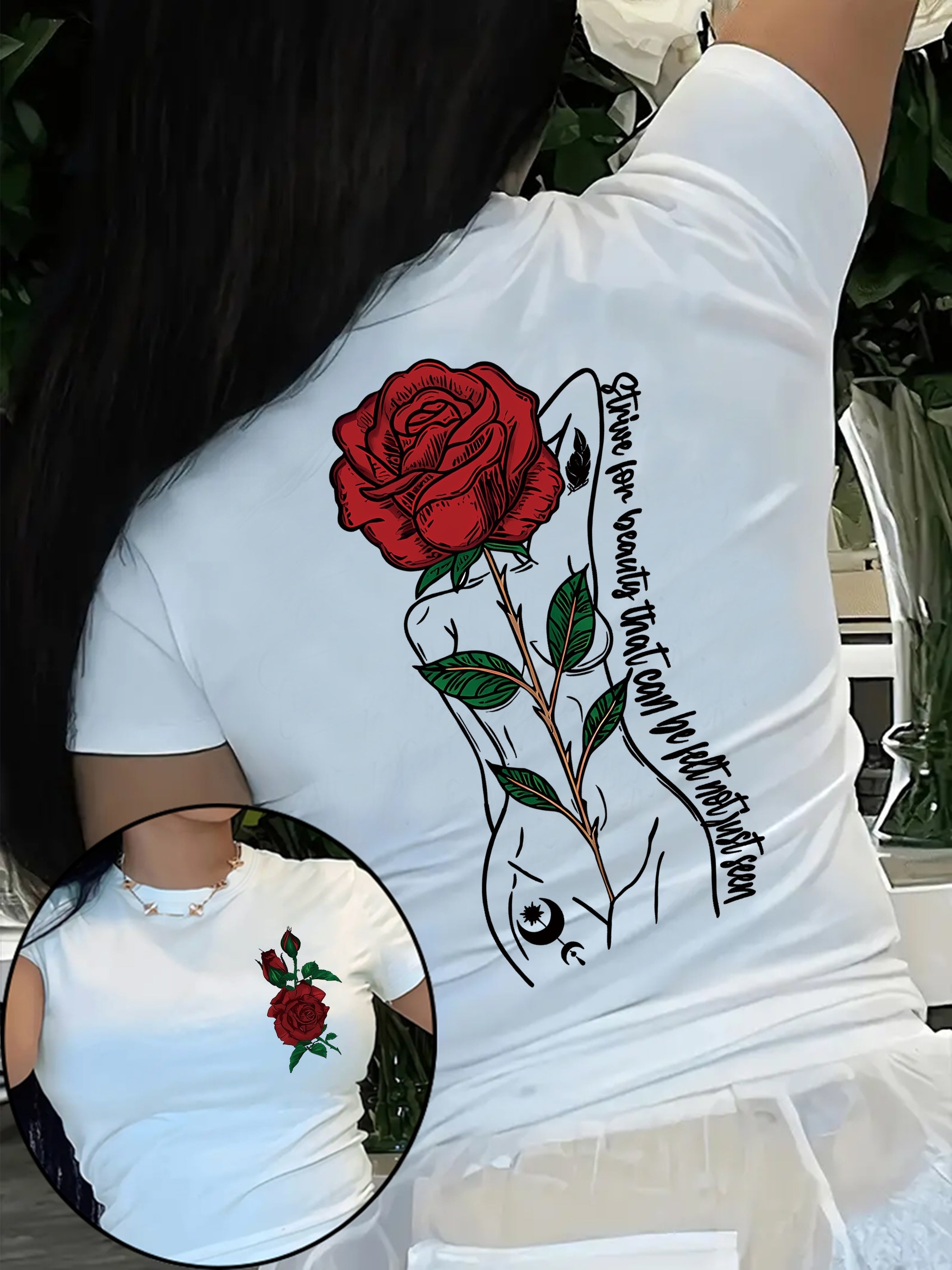 Vibrant Rose Print Short Sleeve Crew Neck T-Shirt - Soft, Breathable, Relaxed Fit, Casual Summer & Spring Top for Women - Perfect for Outdoor Activities, Daily Wear, and Gift Idea